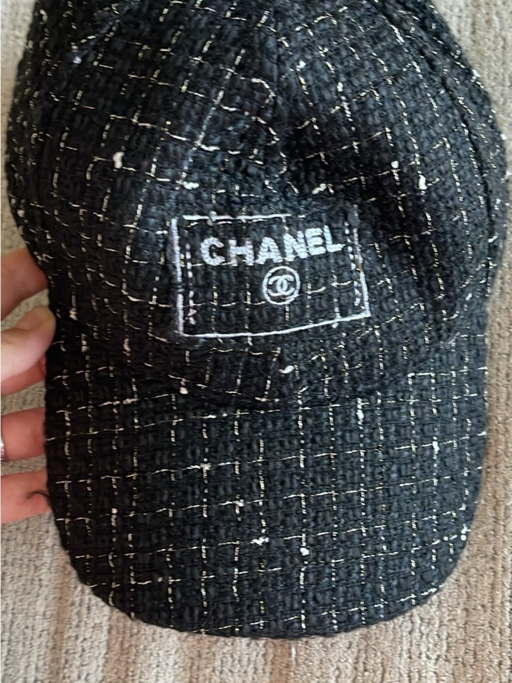 CHANEL Black Tweed Cap with White Logo Stitching